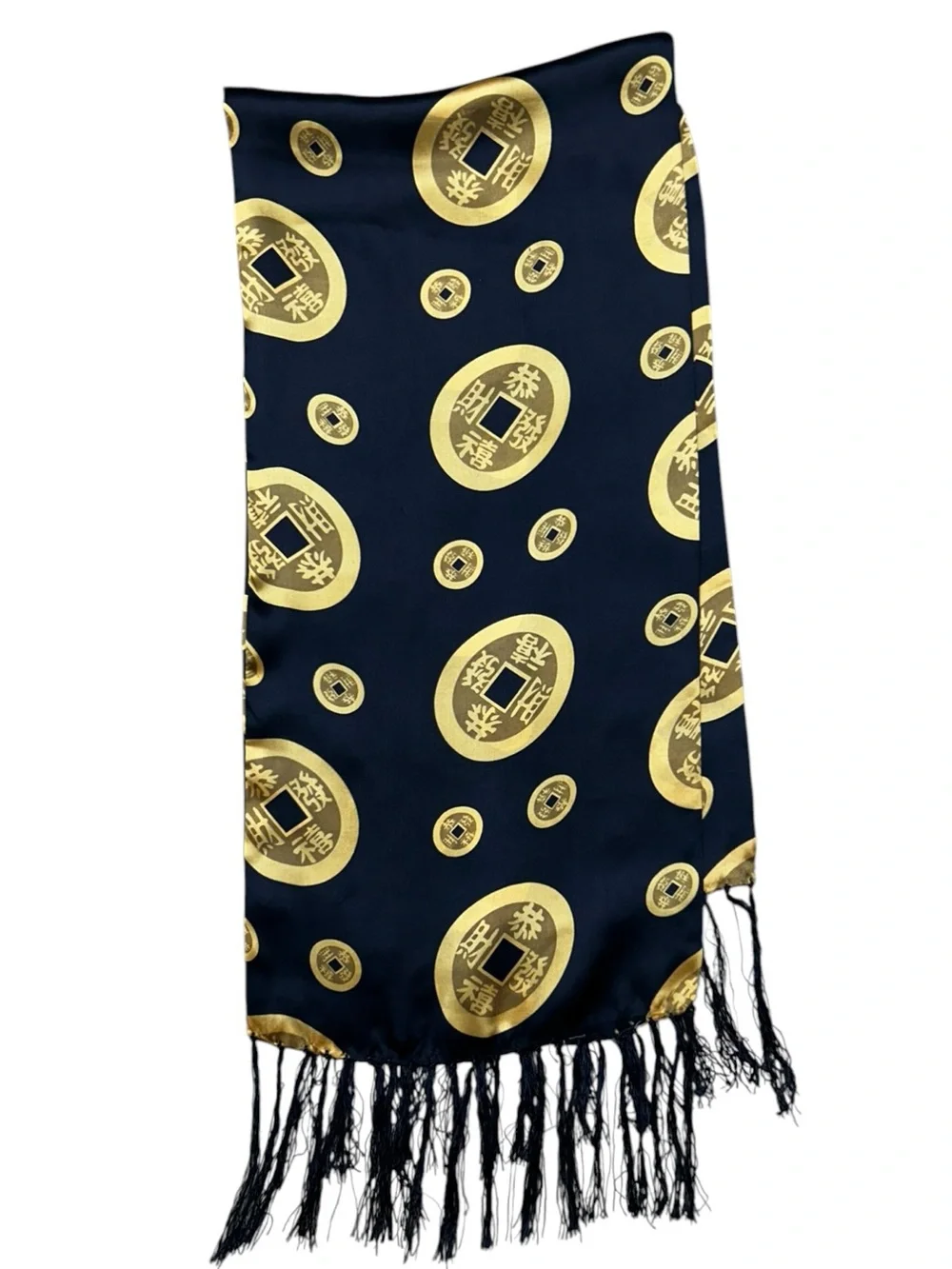 Black Gold Silk Feng Shui Coin Scarf Chinese Lucky Coin Fringe Wrap 44x11